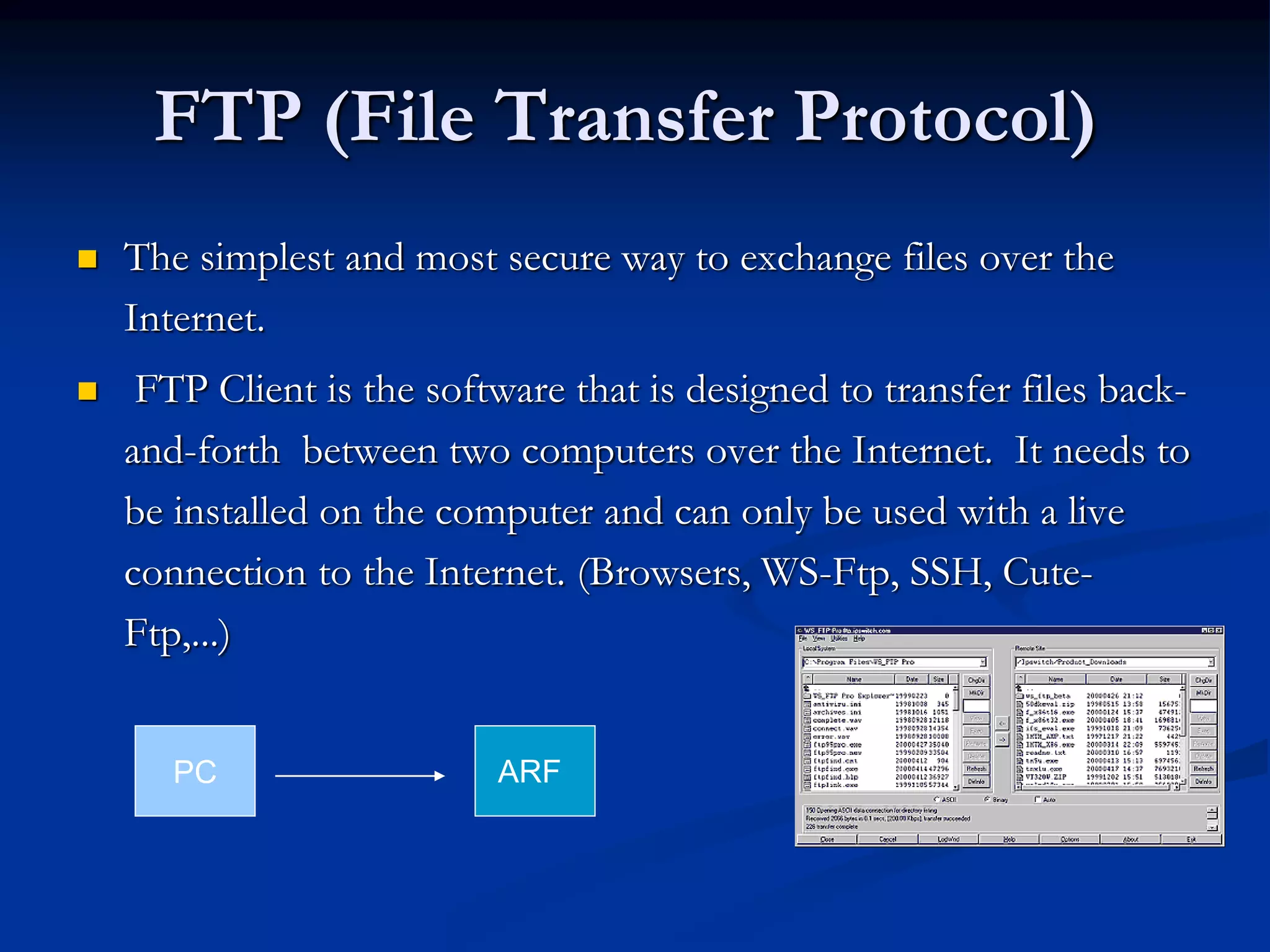 FTP (File Transfer Protocol)
 The simplest and most secure way to exchange files over the
Internet.
 FTP Client is the software that is designed to transfer files back-
and-forth between two computers over the Internet. It needs to
be installed on the computer and can only be used with a live
connection to the Internet. (Browsers, WS-Ftp, SSH, Cute-
Ftp,...)
PC ARF
 