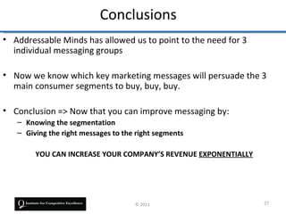 Conclusions
• Addressable Minds has allowed us to point to the need for 3
  individual messaging groups

• Now we know whi...