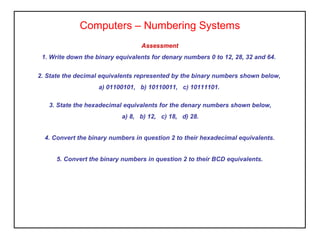 Computers – Numbering Systems
2. State the decimal equivalents represented by the binary numbers shown below,
a) 01100101, b) 10110011, c) 10111101.
Assessment
1. Write down the binary equivalents for denary numbers 0 to 12, 28, 32 and 64.
3. State the hexadecimal equivalents for the denary numbers shown below,
a) 8, b) 12, c) 18, d) 28.
4. Convert the binary numbers in question 2 to their hexadecimal equivalents.
5. Convert the binary numbers in question 2 to their BCD equivalents.
 