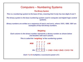 Computers – Numbering Systems
The Binary System
This is a numbering system to the base of two, meaning that it only has two digits 0 and 1.
The binary system is the base numbering system used in computer and digital logic control
systems.
Binary numbers are written as a sequence of zero’s and one’s, where: 0101; 1000; 1001 are
examples of four-bit binary numbers.
Weighting
Each column in the binary number represents a denary number as shown below
and doubles with each column.
This is called the ‘weighting’ of the numbering system.
Each 1 or 0 multiplies a successive power of 2.
8 4 2 1
LSBMSB
23
22
21
20
Bin 1 1 0 1 = (1x8) + (1x4) + (0x2) + (1x1)= 13d
 