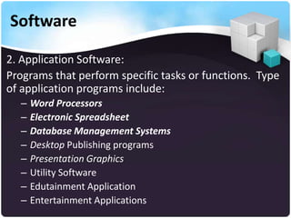 Software
2. Application Software:
Programs that perform specific tasks or functions. Type
of application programs include:
–
–
–
–
–
–
–
–

Word Processors
Electronic Spreadsheet
Database Management Systems
Desktop Publishing programs
Presentation Graphics
Utility Software
Edutainment Application
Entertainment Applications

 