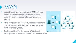 WAN
▸ By contrast, a wide area network (WAN) not only
covers a larger geographic distance, but also
generally involves leased telecommunication
circuits.
▸ If the computers are far apart (such as across town
or in different cities), then a Wide Area Network
(WAN) is typically used.
▸ The Internet itself is the largest WAN since it
encompasses all locations connected to the Internet.
27
 