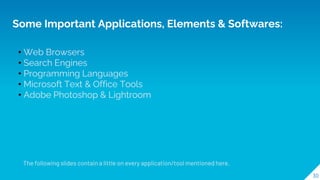 Some Important Applications, Elements & Softwares:
30
• Web Browsers
• Search Engines
• Programming Languages
• Microsoft Text & Office Tools
• Adobe Photoshop & Lightroom
The following slides contain a little on every application/tool mentioned here.
 