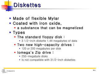 Diskettes  Made of flexible Mylar Coated with iron oxide,  a substance that can be magnetized Types The standard floppy disk :  3 1/2-inch diskette 1.44 megabytes of data Two new high-capacity drives :  120 or 200 megabytes per disk Iomega’s Zip drive : 250-megabyte disks Is not compatible with 31/2-inch diskettes 