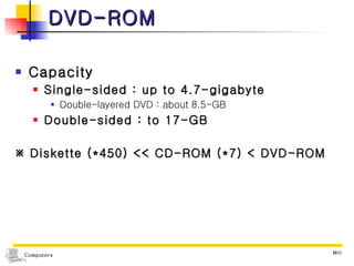 DVD-ROM Capacity Single-sided : up to 4.7-gigabyte Double-layered DVD : about 8.5-GB Double-sided : to 17-GB    Diskette (*450) << CD-ROM (*7) < DVD-ROM 