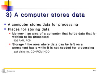 3) A computer stores data A computer stores data for processing Places for storing data  Memory : an area of a computer that holds data that is waiting to be processed Ex) RAM, ROM Storage : the area where data can be left on a permanent basis while it is not needed for processing ex) diskette, CD-ROM,HDD 