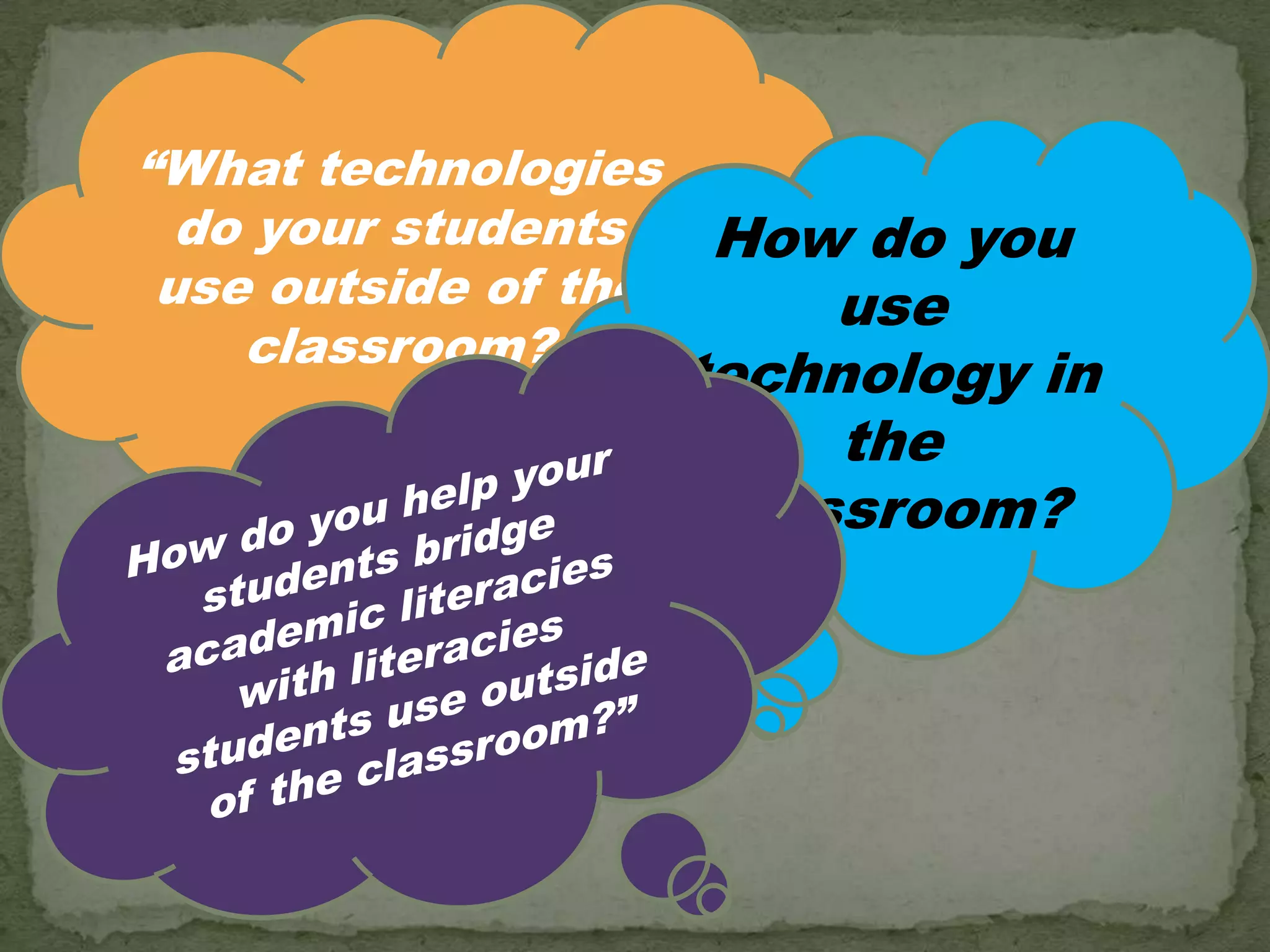 “What technologies do your students use outside of the classroom? How do you use technology in the classroom? How do you help your students bridge academic literacies with literacies students use outside of the classroom?” 