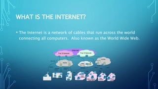 WHAT IS THE INTERNET?
• The Internet is a network of cables that run across the world
connecting all computers. Also known as the World Wide Web.
 