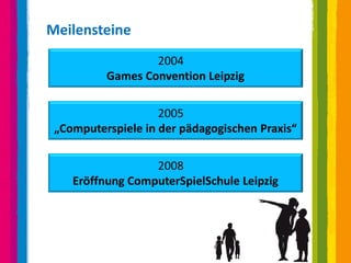 Meilensteine
                  2004
          Games Convention Leipzig

                    2005
 „Computerspiele in der pädagogischen Praxis“

                  2008
    Eröffnung ComputerSpielSchule Leipzig
 