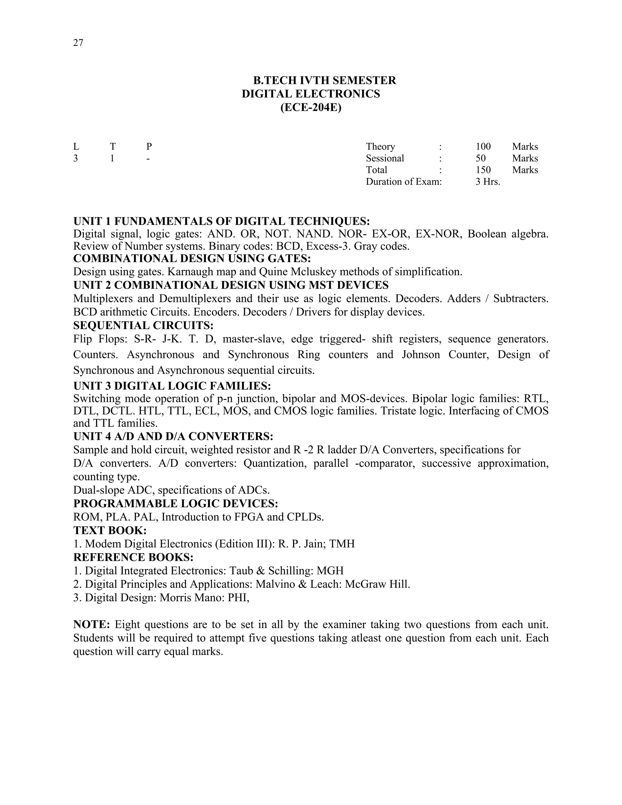 27


                                     B.TECH IVTH SEMESTER
                                   DIGITAL ELECTRONICS
                                         (ECE-204E)


L      T       P                                             Theory          :      100      Marks
3      1       -                                             Sessional       :      50       Marks
                                                             Total           :      150      Marks
                                                             Duration of Exam:      3 Hrs.


UNIT 1 FUNDAMENTALS OF DIGITAL TECHNIQUES:
Digital signal, logic gates: AND. OR, NOT. NAND. NOR- EX-OR, EX-NOR, Boolean algebra.
Review of Number systems. Binary codes: BCD, Excess-3. Gray codes.
COMBINATIONAL DESIGN USING GATES:
Design using gates. Karnaugh map and Quine Mcluskey methods of simplification.
UNIT 2 COMBINATIONAL DESIGN USING MST DEVICES
Multiplexers and Demultiplexers and their use as logic elements. Decoders. Adders / Subtracters.
BCD arithmetic Circuits. Encoders. Decoders / Drivers for display devices.
SEQUENTIAL CIRCUITS:
Flip Flops: S-R- J-K. T. D, master-slave, edge triggered- shift registers, sequence generators.
Counters. Asynchronous and Synchronous Ring counters and Johnson Counter, Design of
Synchronous and Asynchronous sequential circuits.
UNIT 3 DIGITAL LOGIC FAMILIES:
Switching mode operation of p-n junction, bipolar and MOS-devices. Bipolar logic families: RTL,
DTL, DCTL. HTL, TTL, ECL, MOS, and CMOS logic families. Tristate logic. Interfacing of CMOS
and TTL families.
UNIT 4 A/D AND D/A CONVERTERS:
Sample and hold circuit, weighted resistor and R -2 R ladder D/A Converters, specifications for
D/A converters. A/D converters: Quantization, parallel -comparator, successive approximation,
counting type.
Dual-slope ADC, specifications of ADCs.
PROGRAMMABLE LOGIC DEVICES:
ROM, PLA. PAL, Introduction to FPGA and CPLDs.
TEXT BOOK:
1. Modem Digital Electronics (Edition III): R. P. Jain; TMH
REFERENCE BOOKS:
1. Digital Integrated Electronics: Taub & Schilling: MGH
2. Digital Principles and Applications: Malvino & Leach: McGraw Hill.
3. Digital Design: Morris Mano: PHI,

NOTE: Eight questions are to be set in all by the examiner taking two questions from each unit.
Students will be required to attempt five questions taking atleast one question from each unit. Each
question will carry equal marks.
 