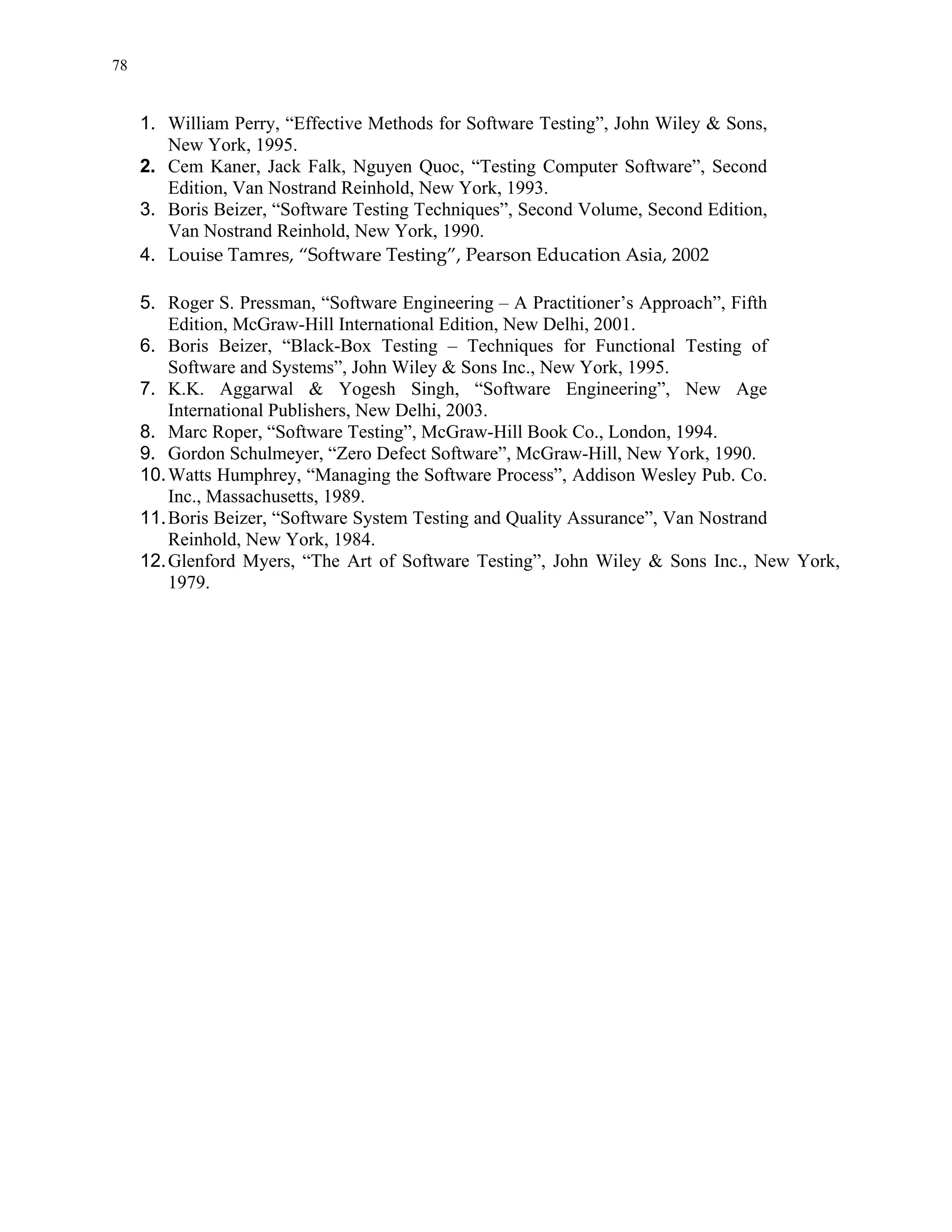 78


     1. William Perry, “Effective Methods for Software Testing”, John Wiley & Sons,
        New York, 1995. 
     2. Cem Kaner, Jack Falk, Nguyen Quoc, “Testing Computer Software”, Second
        Edition, Van Nostrand Reinhold, New York, 1993. 
     3. Boris Beizer, “Software Testing Techniques”, Second Volume, Second Edition,
        Van Nostrand Reinhold, New York, 1990.
     4. Louise Tamres, “Software Testing”, Pearson Education Asia, 2002 
 
     5. Roger S. Pressman, “Software Engineering – A Practitioner’s Approach”, Fifth
         Edition, McGraw-Hill International Edition, New Delhi, 2001. 
     6. Boris Beizer, “Black-Box Testing – Techniques for Functional Testing of
         Software and Systems”, John Wiley & Sons Inc., New York, 1995. 
     7. K.K. Aggarwal & Yogesh Singh, “Software Engineering”, New Age
         International Publishers, New Delhi, 2003. 
     8. Marc Roper, “Software Testing”, McGraw-Hill Book Co., London, 1994. 
     9. Gordon Schulmeyer, “Zero Defect Software”, McGraw-Hill, New York, 1990. 
     10. Watts Humphrey, “Managing the Software Process”, Addison Wesley Pub. Co.
         Inc., Massachusetts, 1989. 
     11. Boris Beizer, “Software System Testing and Quality Assurance”, Van Nostrand
         Reinhold, New York, 1984. 
     12. Glenford Myers, “The Art of Software Testing”, John Wiley & Sons Inc., New York,
         1979.
 