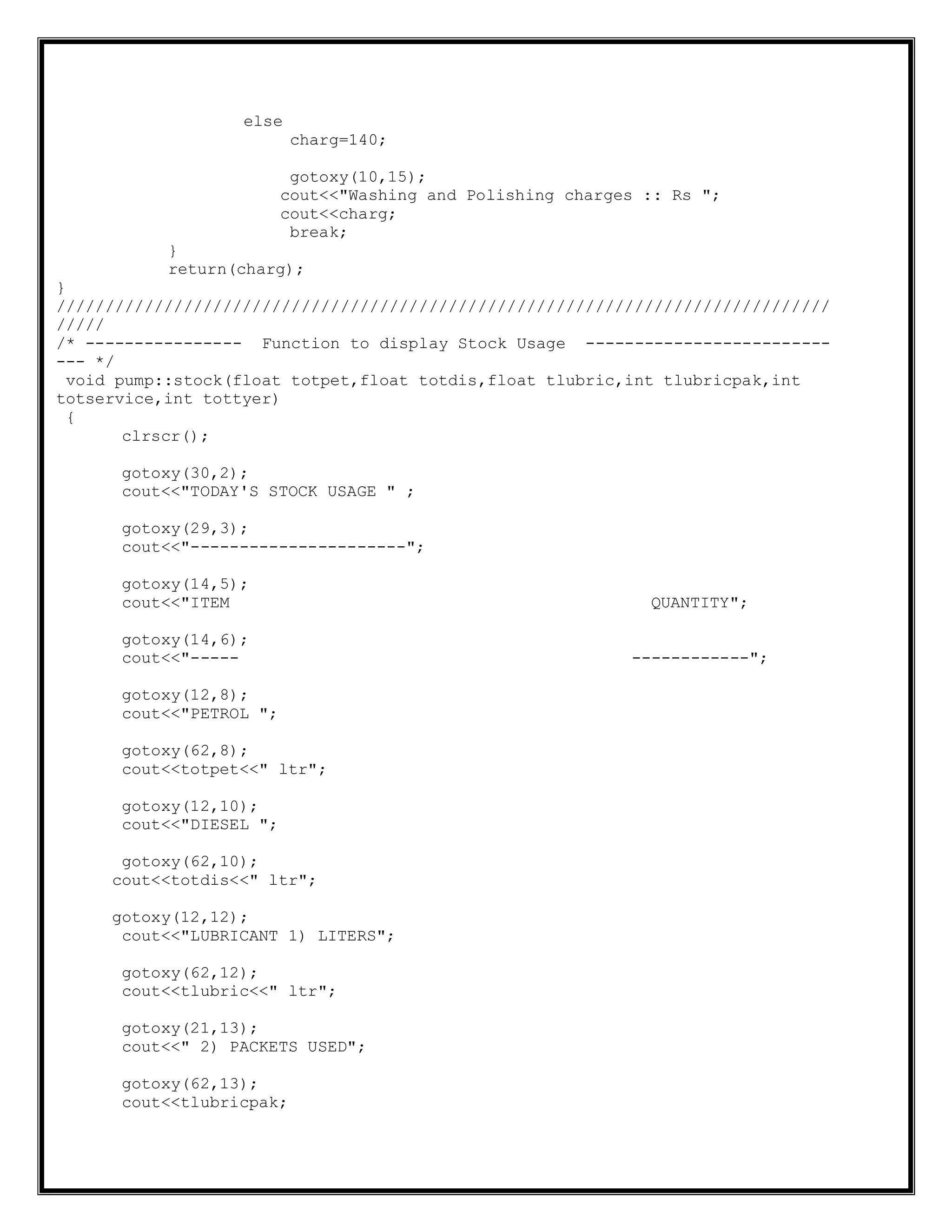 else
charg=140;
gotoxy(10,15);
cout<<"Washing and Polishing charges :: Rs ";
cout<<charg;
break;
}
return(charg);
}
///////////////////////////////////////////////////////////////////////////////
/////
/* ---------------- Function to display Stock Usage -------------------------
--- */
void pump::stock(float totpet,float totdis,float tlubric,int tlubricpak,int
totservice,int tottyer)
{
clrscr();
gotoxy(30,2);
cout<<"TODAY'S STOCK USAGE " ;
gotoxy(29,3);
cout<<"----------------------";
gotoxy(14,5);
cout<<"ITEM QUANTITY";
gotoxy(14,6);
cout<<"----- ------------";
gotoxy(12,8);
cout<<"PETROL ";
gotoxy(62,8);
cout<<totpet<<" ltr";
gotoxy(12,10);
cout<<"DIESEL ";
gotoxy(62,10);
cout<<totdis<<" ltr";
gotoxy(12,12);
cout<<"LUBRICANT 1) LITERS";
gotoxy(62,12);
cout<<tlubric<<" ltr";
gotoxy(21,13);
cout<<" 2) PACKETS USED";
gotoxy(62,13);
cout<<tlubricpak;
 