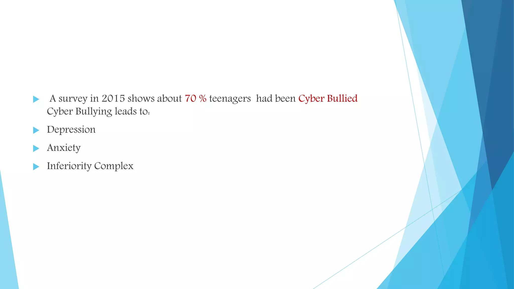  A survey in 2015 shows about 70 % teenagers had been Cyber Bullied
Cyber Bullying leads to:
 Depression
 Anxiety
 Inferiority Complex
 