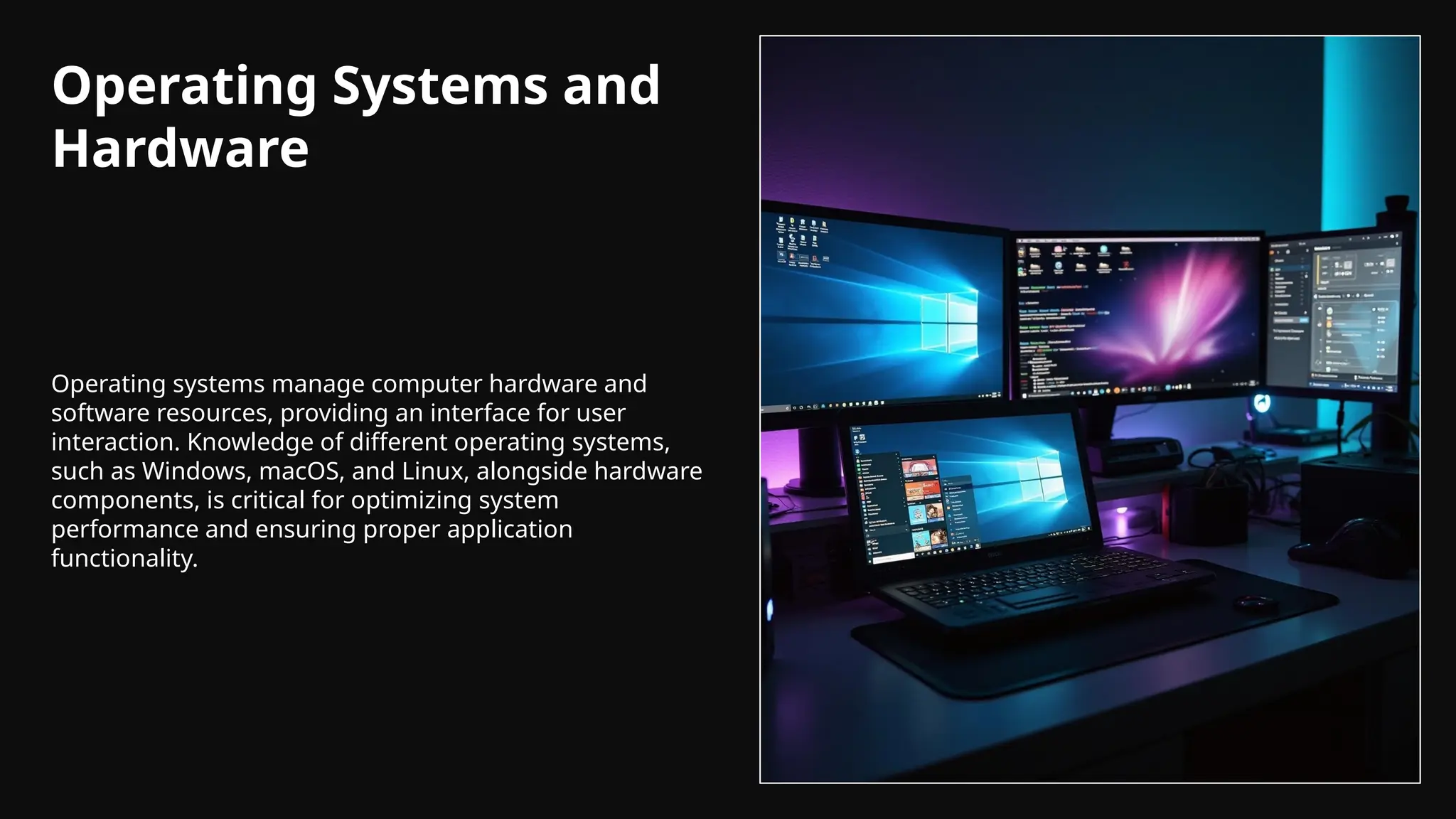 Operating Systems and
Hardware
Operating systems manage computer hardware and
software resources, providing an interface for user
interaction. Knowledge of different operating systems,
such as Windows, macOS, and Linux, alongside hardware
components, is critical for optimizing system
performance and ensuring proper application
functionality.
 