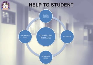 COUNSELLING IN
COLLEGE
COUNSELLING
IN COLLEGE
DIGITAL
BOARDS
TELEVISION
NEWSPAPER
MEDIA
SMS/MOBILE
CALL
 