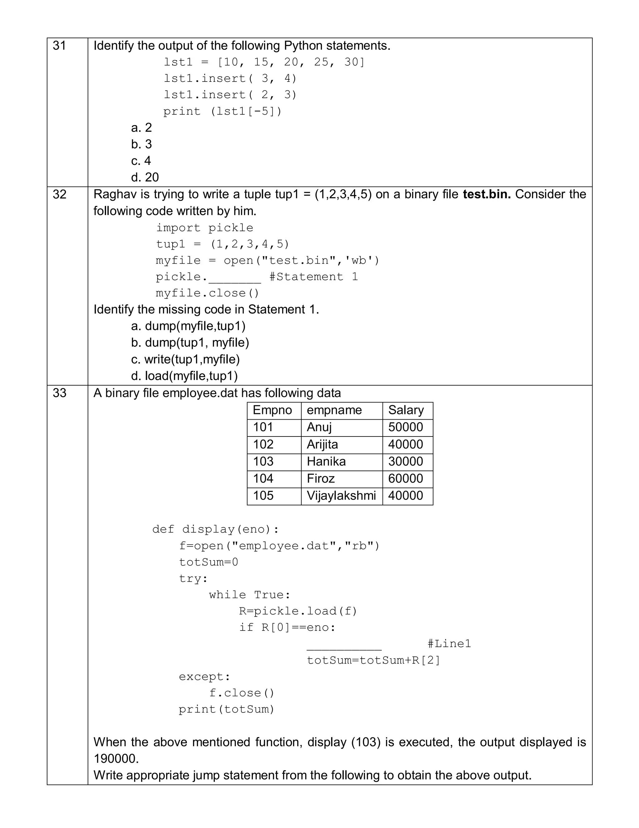 31 Identify the output of the following Python statements.
lst1 = [10, 15, 20, 25, 30]
lst1.insert( 3, 4)
lst1.insert( 2, 3)
print (lst1[-5])
a. 2
b. 3
c. 4
d. 20
32 Raghav is trying to write a tuple tup1 = (1,2,3,4,5) on a binary file test.bin. Consider the
following code written by him.
import pickle
tup1 = (1,2,3,4,5)
myfile = open("test.bin",'wb')
pickle._______ #Statement 1
myfile.close()
Identify the missing code in Statement 1.
a. dump(myfile,tup1)
b. dump(tup1, myfile)
c. write(tup1,myfile)
d. load(myfile,tup1)
33 A binary file employee.dat has following data
Empno empname Salary
101 Anuj 50000
102 Arijita 40000
103 Hanika 30000
104 Firoz 60000
105 Vijaylakshmi 40000
def display(eno):
f=open("employee.dat","rb")
totSum=0
try:
while True:
R=pickle.load(f)
if R[0]==eno:
__________ #Line1
totSum=totSum+R[2]
except:
f.close()
print(totSum)
When the above mentioned function, display (103) is executed, the output displayed is
190000.
Write appropriate jump statement from the following to obtain the above output.
 