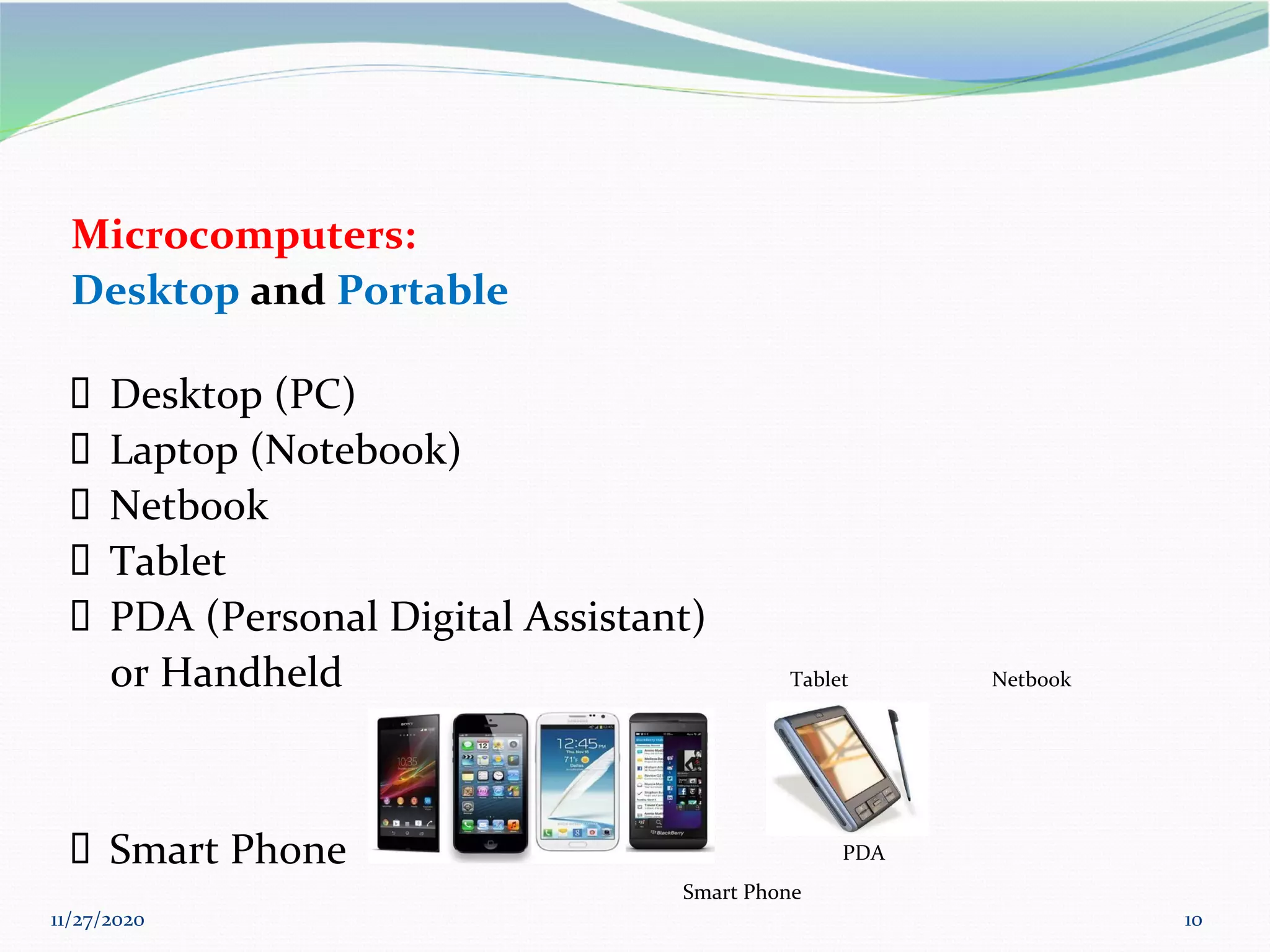 11/27/2020 10
Microcomputers:
Desktop and Portable
▪ Desktop (PC)
▪ Laptop (Notebook)
▪ Netbook
▪ Tablet
▪ PDA (Personal Digital Assistant)
or Handheld Tablet Netbook
▪ Smart Phone
Smart Phone
PDA
 