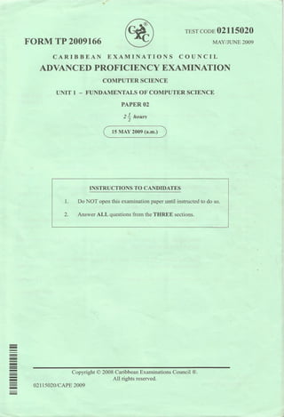 2009 CAPE Computer Science Paper Unit 1 Paper 02 - Past Paper