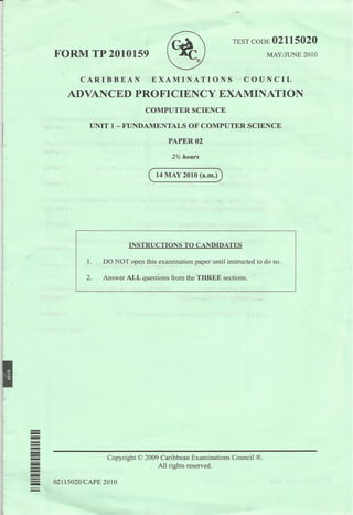 2010 CAPE Computer Science Unit 1 Paper 02 - Past Paper