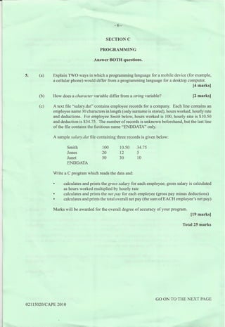 2010 CAPE Computer Science Unit 1 Paper 02 - Past Paper | PDF