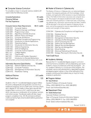 ■ Computer Science Curriculum
To complete a major in computer science, students will
need to take the following courses:
University Explorations 42 credits
Choosing Wellness 3 credits
First Year Experience 1 credit
Computer Science Major Requirements 48-51 credits
COM 203 Computer Systems
COM 204 Programming Logic and Design
COM 209 Programming in Java
COM 301 Algorithms and Data Structures
COM 309 Network Theory and Design
COM 312 Computer Architecture
COM 330 Database Concepts and Programming
COM 340 Introduction to Internet Applications
COM 405 Operating Systems
COM 416 Introduction to Information Security
COM 430 Software Engineering
COM 465 Artificial Intelligence
COM 497 Computer Science Capstone
MAT 151* College Algebra
MAT 152 Trigonometry
MAT 231 Calculus with Analytic Geometry I
MAT 251 Introduction to Discrete Mathematics
*Should be taken as the University Explorations basic math course.
Information Assurance Specialization 12 credits
COM 450 Network Defense and Security
COM 452 Computer Forensics
COM 470 Management of Information Security
COM 475 Penetration Testing
Additional Electives 6-9 credits
Total Credit Hours 123
Students in the 3+1 accelerated degree program follow
the same undergraduate and graduate curricula of our
traditional programs, but at a faster pace. Earning a bach-
elor’s degree of 123 credits in three years requires that
students take a minimum of 41 credit hours per year,
which may require a combination of on-campus, summer,
and online courses. Transferred credits will also impact
program completion time. AP, IB and dual enrollment
credits earned by high school students before graduation
are accepted.
■ Master of Science in Cybersecurity
COM 504 Cybersecurity Compliance and Legal Issues
COM 506 Database Security
COM 508 Software Security
COM 510 Management of Information Security
COM 512 Cybersecurity Risk Management
COM 514 Cloud Computing Security
COM 520 Systems Security Management
COM 530 Network Security Management
COM 545 Web Security Management
COM 546 Ethical Hacking
COM 548 Advanced Networking & Protocols
COM 590 Strategic Planning for Information Security
Total Credit Hours 36
■ Academic Advising
■ Program Advisor
Dr. Vyas Krishnan
Assistant Professor of Computer Science
Office: (352) 588-8512 Fax: (352) 588-8923
Email: vyas.krishnan@saintleo.edu
■ Department Chair
Dr. Derek Mohammed
Associate Professor and Chair
Dept. of Computer Science & Information Systems
Office: (352) 588-8413 Fax: (352) 588-8923
Email: derek.mohammed@saintleo.edu
Revised 10-2015
 