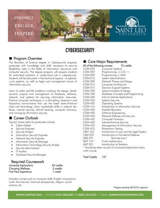 ■ Program Overview
The Bachelor of Science degree in Cybersecurity prepares
graduates with knowledge and skills necessary to assume
leadership roles in the fields of information assurance and
computer security. The degree program will prepare students
for entry-level positions in career-track job in cybersecurity.
Students will be educated in the technical aspects of cyberse-
curity systems, as well as legal and management issues of
information security.
Learn to solve real-life problems involving the design, devel-
opment, support and management of hardware, software,
network, and systems for securing information resources.
Practice computer techniques in a stimulating classroom and
laboratory environments that use the latest state-of-the-art
tools and technology. Gain marketable skills in network de-
fense, internet security, ethical hacking, computer forensics,
and managing information security.
■ Career Outlook
Typical career paths for graduates include :
Cyber Analyst
Security Engineer
Security Analyst
Information Security Engineer
Network Security Engineer
Information Security Manager
Information Technology Security Analyst
Security Administrator
IT Auditor
Database Security Manager
Required Coursework
University Explorations 42 credits
Choosing Wellness 3 credits
First Year Experience 1 credit
Includes courses such as computer skills, English composition,
math, the sciences, historical perspectives, religion, social
science, etc.
■ Core Major Requirements
All of the following courses 75 credits
COM 203 Computer Systems
COM 207 Programming in C/C++
COM 209 Programming in JAVA
COM 212 System Administration
COM 309 Network Theory and Design
COM 312 Computer Architecture
COM 315 Decision Support Systems
COM 320 Systems Analysis & Design
COM 330 Database Concepts and Programming
COM 340 Intro to Internet Applications
COM 355 Systems Security
COM 405 Operating Systems
COM 416 Introduction to Information Security
COM 420 Disaster Recovery
COM 430 Software Engineering
COM 450 Network Defense and Security
COM 452 Computer Forensics
COM 460 Internet/Intranet Security
COM 470 Management of Information Security
COM 475 Penetration Testing
CRM 123 Introduction to Law and the Legal System
CRM 222 Introduction to Homeland Defense
GBA 231 Business Law I
MAT 141* Finite mathematics
MAT 201 Introduction to Statistics
* Should be taken as part of University Explorations basic
math course.
Total Credits 121
*Program pending SACSCOC approval
CYBERSECURITY
 