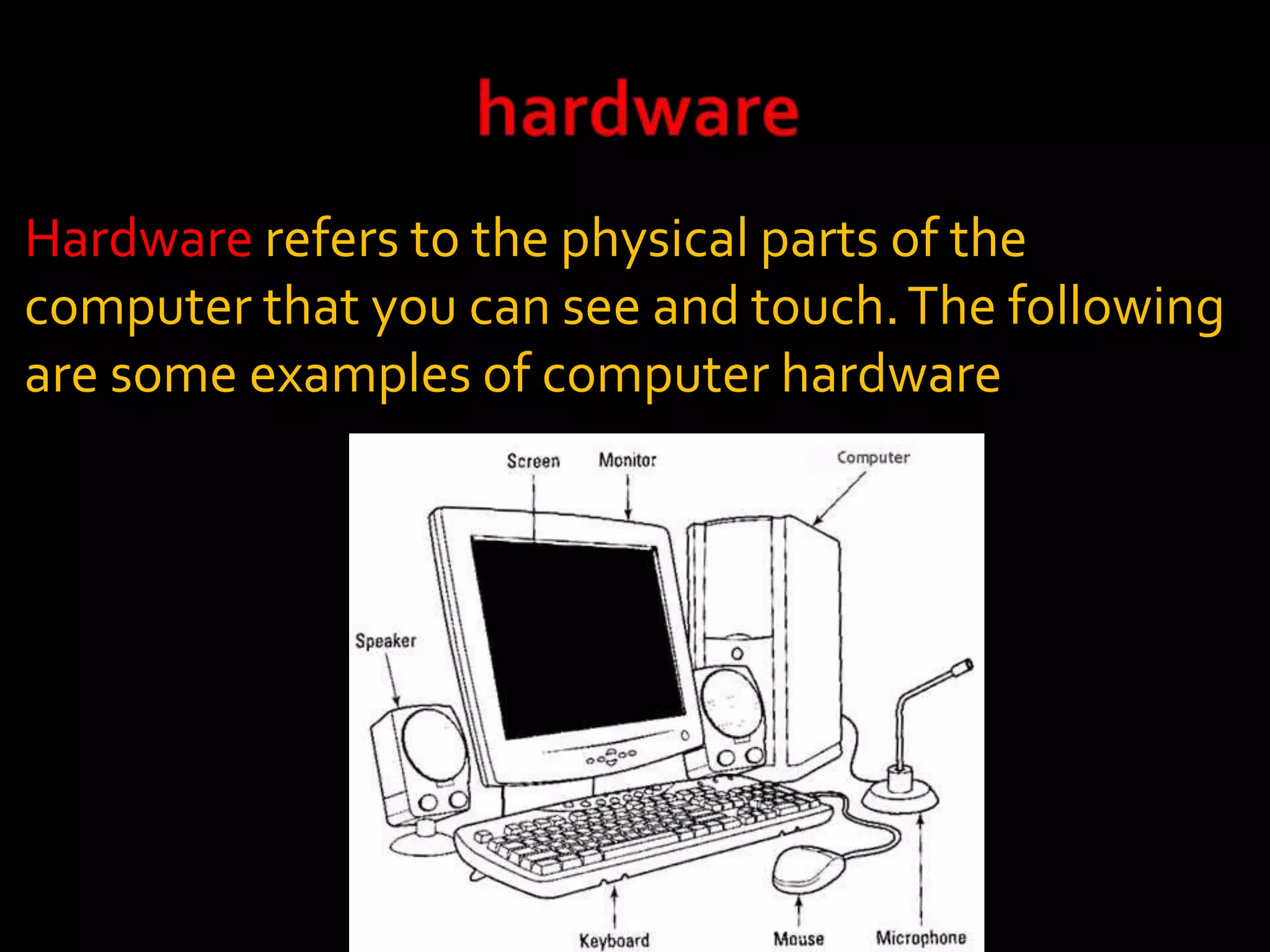 Hardware refers to the physical parts of the
computer that you can see and touch.The following
are some examples of computer hardware
 