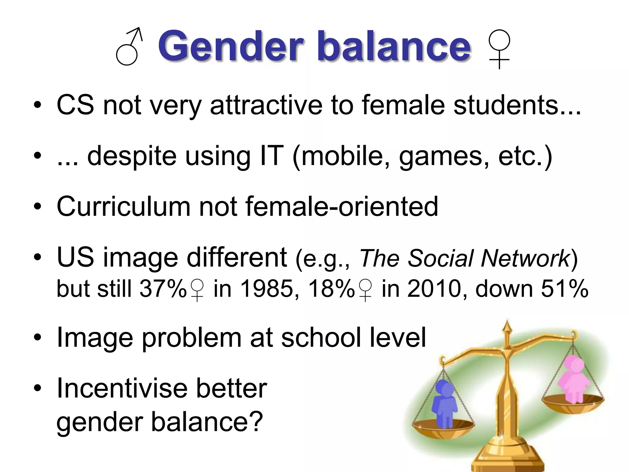 ♂ Gender balance ♀
• CS not very attractive to female students...
• ... despite using IT (mobile, games, etc.)
• Curriculum not female-oriented
• US image different (e.g., The Social Network)
  but still 37%♀ in 1985, 18%♀ in 2010, down 51%

• Image problem at school level
• Incentivise better
  gender balance?
 