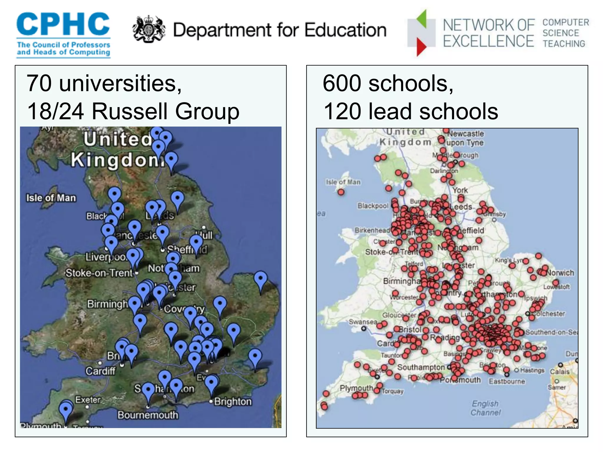 70 universities,      600 schools,
18/24 Russell Group   120 lead schools
 