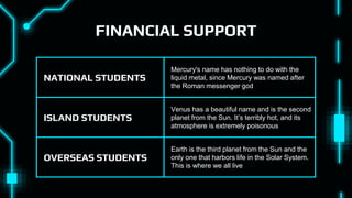 FINANCIAL SUPPORT
NATIONAL STUDENTS
Mercury's name has nothing to do with the
liquid metal, since Mercury was named after
the Roman messenger god
ISLAND STUDENTS
Venus has a beautiful name and is the second
planet from the Sun. It’s terribly hot, and its
atmosphere is extremely poisonous
OVERSEAS STUDENTS
Earth is the third planet from the Sun and the
only one that harbors life in the Solar System.
This is where we all live
 