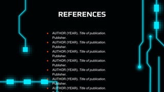 REFERENCES
● AUTHOR (YEAR). Title of publication.
Publisher.
● AUTHOR (YEAR). Title of publication.
Publisher.
● AUTHOR (YEAR). Title of publication.
Publisher.
● AUTHOR (YEAR). Title of publication.
Publisher.
● AUTHOR (YEAR). Title of publication.
Publisher.
● AUTHOR (YEAR). Title of publication.
Publisher.
● AUTHOR (YEAR). Title of publication.
 