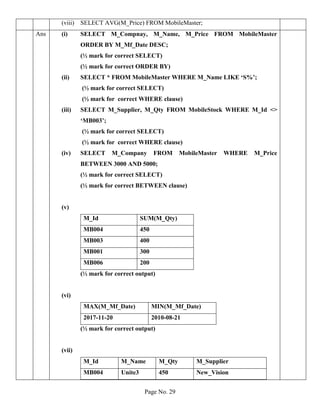 Page No. 29
(viii) SELECT AVG(M_Price) FROM MobileMaster;
Ans (i) SELECT M_Compnay, M_Name, M_Price FROM MobileMaster
ORDER BY M_Mf_Date DESC;
(½ mark for correct SELECT)
(½ mark for correct ORDER BY)
(ii) SELECT * FROM MobileMaster WHERE M_Name LIKE ‘S%’;
(½ mark for correct SELECT)
(½ mark for correct WHERE clause)
(iii) SELECT M_Supplier, M_Qty FROM MobileStock WHERE M_Id <>
‘MB003’;
(½ mark for correct SELECT)
(½ mark for correct WHERE clause)
(iv) SELECT M_Company FROM MobileMaster WHERE M_Price
BETWEEN 3000 AND 5000;
(½ mark for correct SELECT)
(½ mark for correct BETWEEN clause)
(v)
M_Id SUM(M_Qty)
MB004 450
MB003 400
MB001 300
MB006 200
(½ mark for correct output)
(vi)
MAX(M_Mf_Date) MIN(M_Mf_Date)
2017-11-20 2010-08-21
(½ mark for correct output)
(vii)
M_Id M_Name M_Qty M_Supplier
MB004 Unite3 450 New_Vision
 