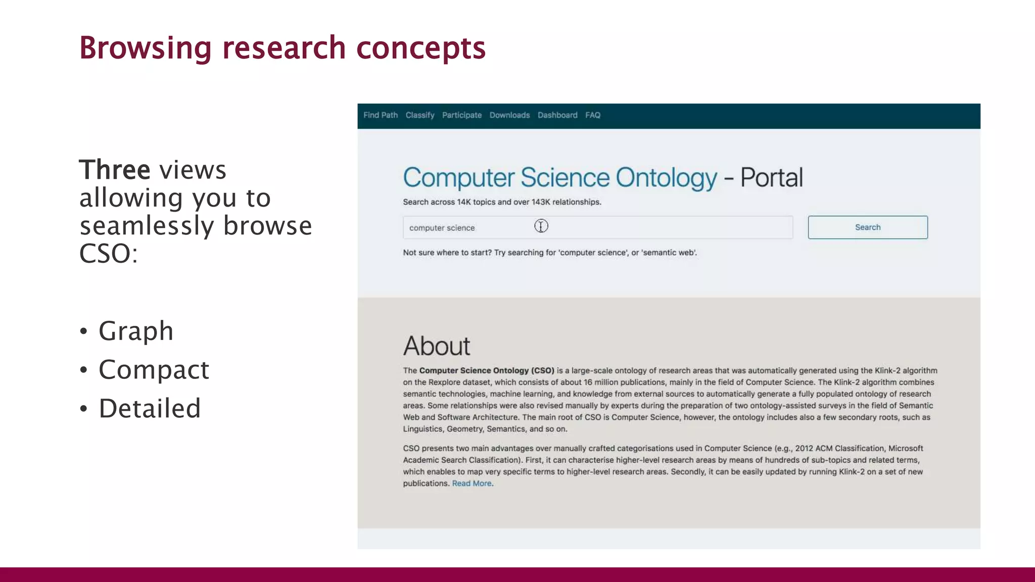 Browsing research concepts
Three views
allowing you to
seamlessly browse
CSO:
• Graph
• Compact
• Detailed
 