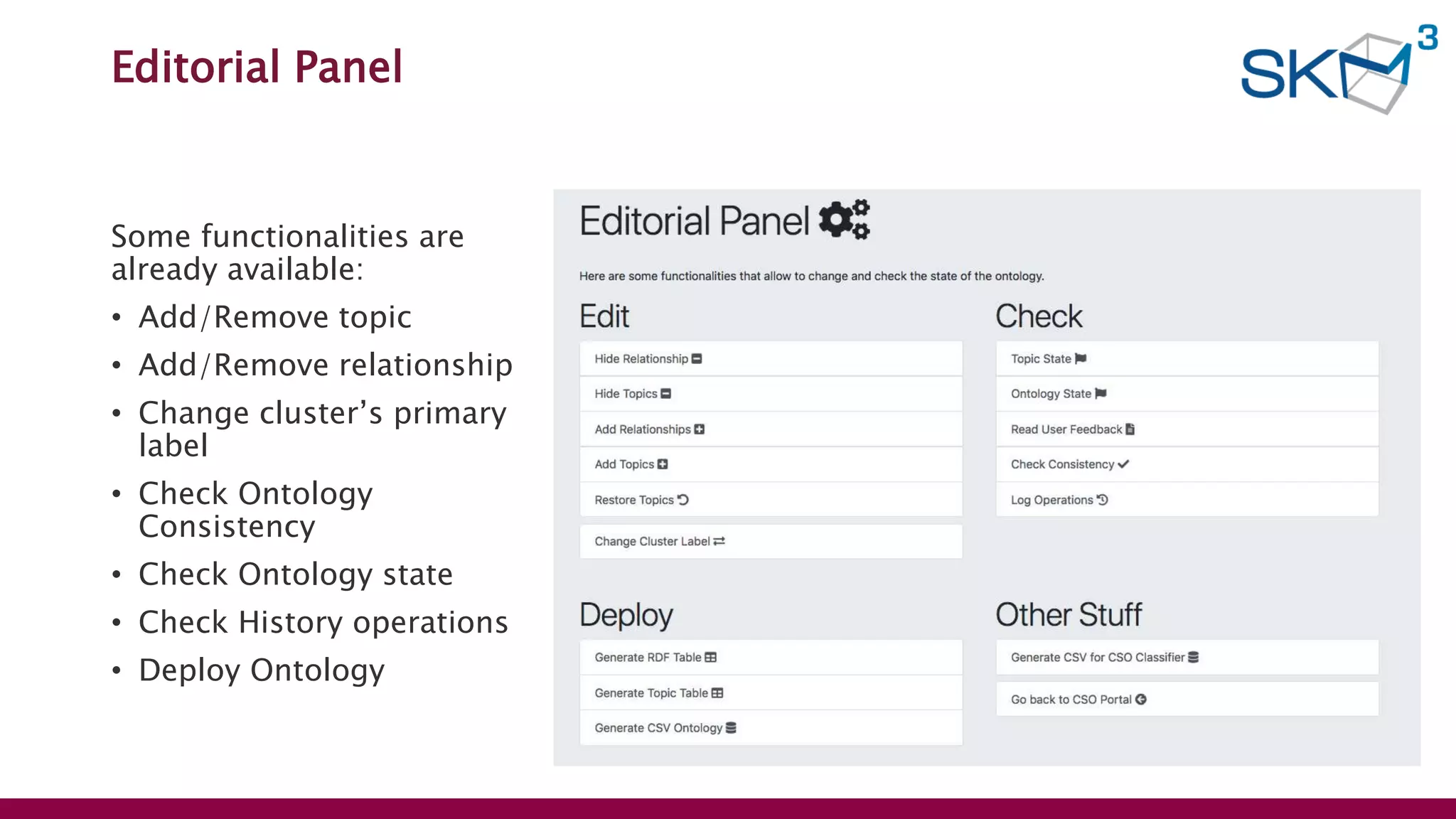 Editorial Panel
Some functionalities are
already available:
• Add/Remove topic
• Add/Remove relationship
• Change cluster’s primary
label
• Check Ontology
Consistency
• Check Ontology state
• Check History operations
• Deploy Ontology
 
