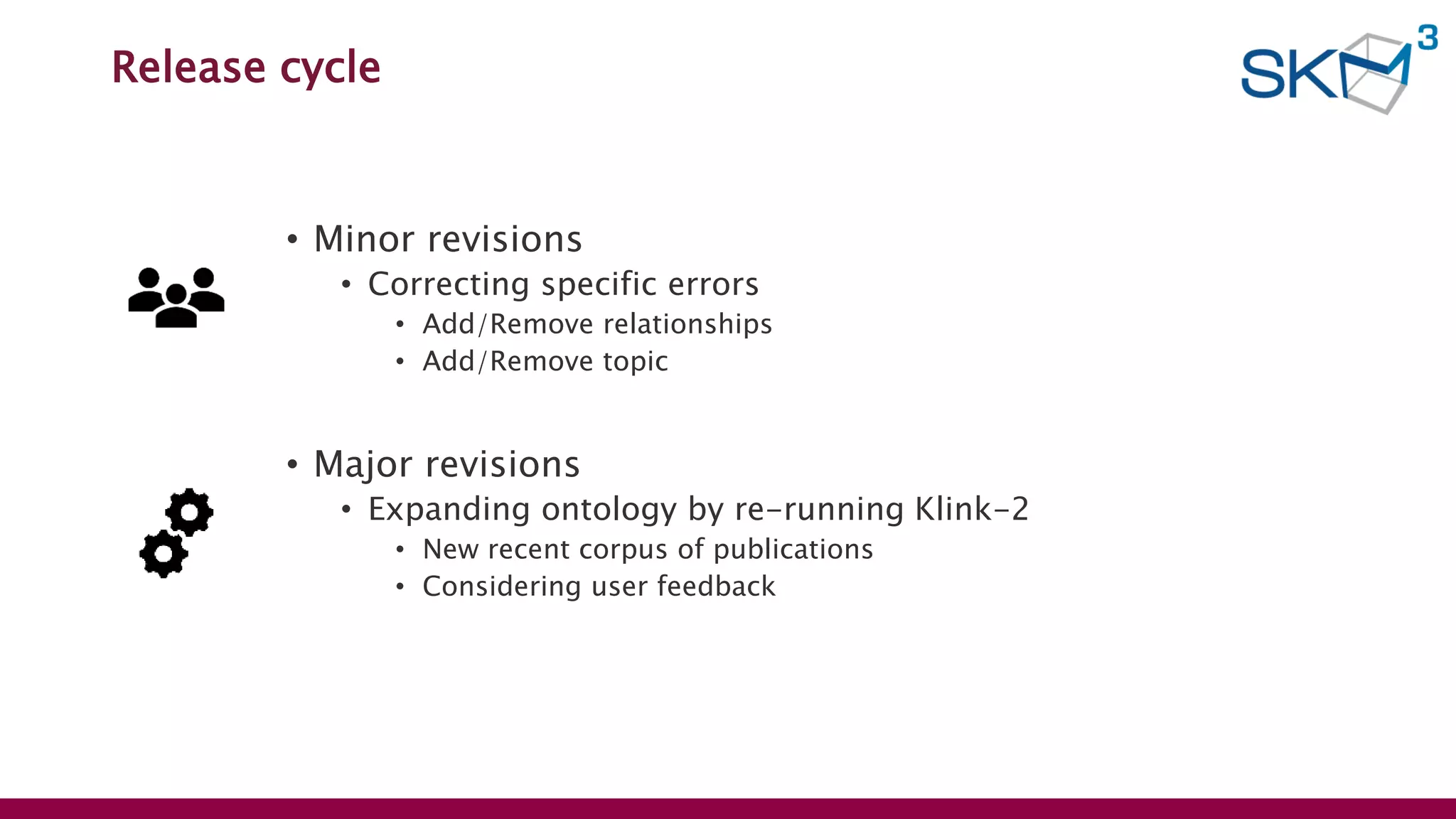 Release cycle
• Minor revisions
• Correcting specific errors
• Add/Remove relationships
• Add/Remove topic
• Major revisions
• Expanding ontology by re-running Klink-2
• New recent corpus of publications
• Considering user feedback
 