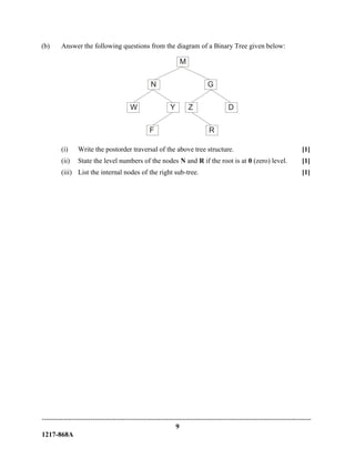 -------------------------------------------------------------------------------------------------------------------------------
9
1217-868A Turn over
(b) Answer the following questions from the diagram of a Binary Tree given below:
(i) Write the postorder traversal of the above tree structure. [1]
(ii) State the level numbers of the nodes N and R if the root is at 0 (zero) level. [1]
(iii) List the internal nodes of the right sub-tree. [1]
M
N G
W Y Z D
R
F
 