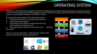 OPERATING SYSTEM
Hardware is nothing but finely designed machinery. Operating system makes the hardware work to produce results for
a task. The primary goal of an operating system is thus to make the computer system convenient to use and secondary
goal is to use computer hardware in an efficient manner.
The operating system performs the following functions:
1. Provides the instructions to prepare User Interface,
2. Loads necessary programs,
3. Coordinates how programs work with the CPU and
other hardware components, and
4. Manages the way information is stored on and retrieved
from disks.
There are various types of OS – single user OS, multiuser OS,
batch processing OS, multiprocessing OS etc.
 
