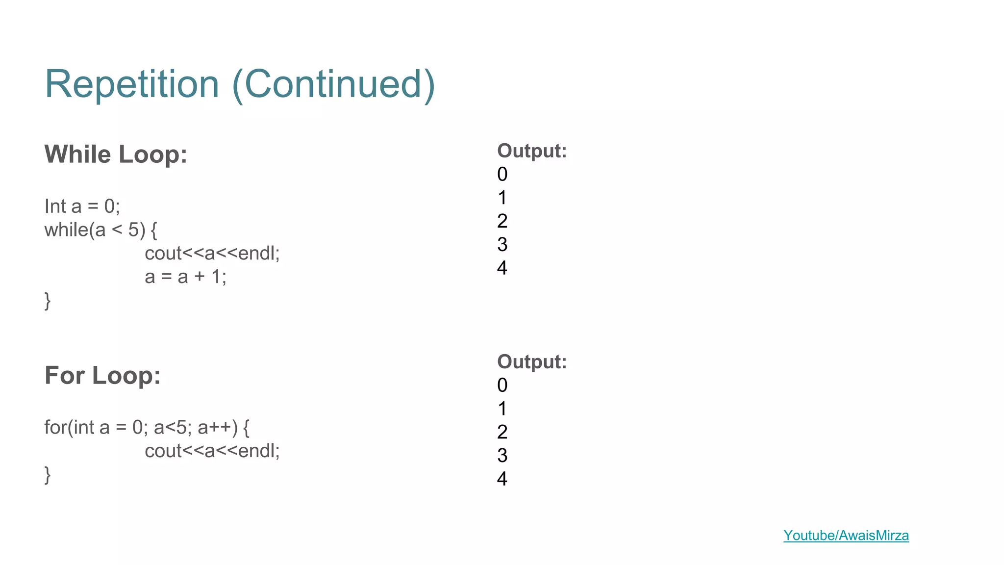 Repetition (Continued)
While Loop:
Int a = 0;
while(a < 5) {
cout<<a<<endl;
a = a + 1;
}
For Loop:
for(int a = 0; a<5; a++) {
cout<<a<<endl;
}
Youtube/AwaisMirza
Output:
0
1
2
3
4
Output:
0
1
2
3
4
 
