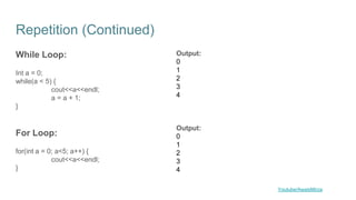 Repetition (Continued)
While Loop:
Int a = 0;
while(a < 5) {
cout<<a<<endl;
a = a + 1;
}
For Loop:
for(int a = 0; a<5; a++) {
cout<<a<<endl;
}
Youtube/AwaisMirza
Output:
0
1
2
3
4
Output:
0
1
2
3
4
 