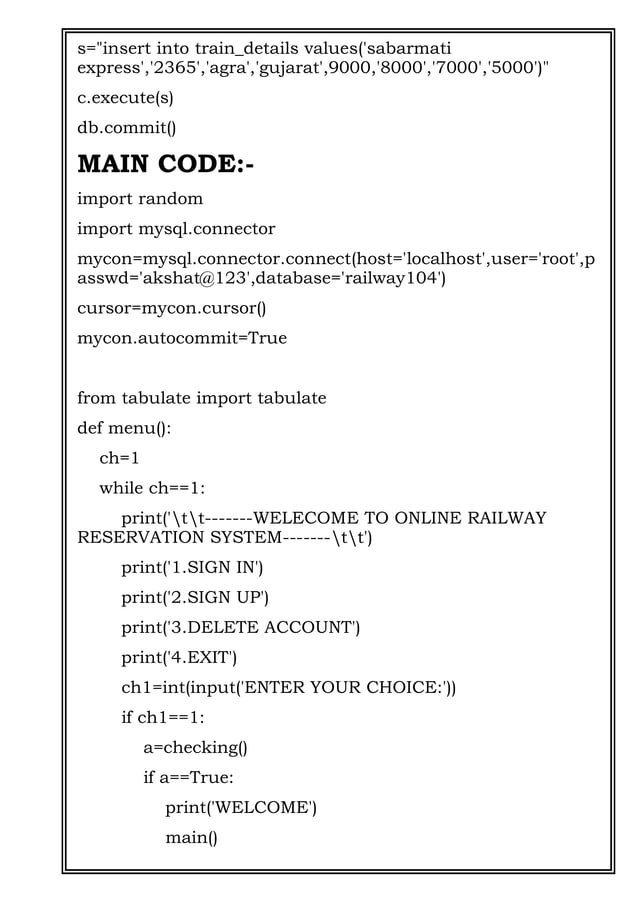 COMPUTER SCIENCE PROJECT OF RAILWAY RESERVATION SYSTEM PYTHON ...