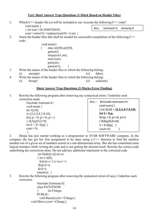 14
Very Short Answer Type Questions (1-Mark Based on Header Files)
1. Which C++ header file (s) will be included to run /execute the following C++ code?
void main( )
{ int Last =26.5698742658;
cout<<setw(5)<<setprecision(9)<<Last; }
2. Name the header files that shall be needed for successful compilation of the following C++
code :
void main()
{ char str[20],str[20];
gets(str);
strcpy(str1,str);
strrev(str);
puts(str);
puts(str1); }
3. Write the names of the header files to which the following belong:
(i) strcmp() (ii) fabs()
4. Write the names of the header files to which the following belong:
(i) frexp() (ii) isalnum()
Short Answer Type Questions (2-Marks Error Finding)
1. Rewrite the following program after removing any syntactical errors. Underline each
correction made.
#include<iostream.h>
void main( )
int A[10];
A=[3,2,5,4,7,9,10];
for( p = 0; p<=6; p++)
{ if(A[p]%2=0)
int S = S+A[p]; }
cout<<S;
}
2. Deepa has just started working as a programmer in STAR SOFTWARE company. In the
company she has got her first assignment to be done using a C++ function to find the smallest
number out of a given set of numbers stored in a one-dimensional array. But she has committed some
logical mistakes while writing the code and is not getting the desired result. Rewrite the correct code
underlining the corrections done. Do not add any additional statements in the corrected code
int find(int a[],int n)
{ int s=a[0];
for(int x=1;x<n;x++)
if(a[x]>s)
a[x]=s;
return(s); }
3. Rewrite the following program after removing the syntactical errors (if any). Underline each
correction.
#include [iostream.h]
class PAYITNOW
{ int Charge;
PUBLIC:
void Raise(){cin>>Charge;}
void Show{cout<<Charge;}
Ans :- #include<iostream.h>
void main( )
{ int A[10] = {3,2,5,4,7,9,10};
int S = 0,p;
for(p = 0; p<=6; p++)
{ if(A[p]%2==0)
S = S+A[p]; }
cout<<S; }
Ans: iostream.h, iomanip.h
 