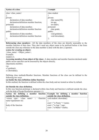 20
Syntax of a class Example
class <class_name>
{
private:
declaration of data member;
declaration/definition member function;
protected:
declaration of data member;
declaration/definition member function
public:
declaration of data member;
declaration/definition member function
};
class student
{
private:
char name[30];
int age;
int makrs;
protected:
char grade;
public:
void getdata();
void showdata();
};
Referencing class members:- All the data members of the class are directly assessable to the
member function of that class. They don’t need any object name to be prefixed before it but from
outside the class any reference to the data member is done with the dot (.) operator.
syntax for creating an object:
<class_name> <Object_name>;
Example:
student s1;
Accessing members from object of the class:- A data member and member function declared under
public access specifier can be assessed by the objects directly.
objectname.member;
e.g.
s1.getdata();
s1.showdata();
Defining class methods/Member functions. Member functions of the class can be defined in the
following two ways
(a) Inside the class definition (inline function)
In this method, the function is defined within the class body and are treated as inline by default.
(b) Outside the class definition.
In this way function prototype is declared within class body and function is defined outside the class
with the help of Scope Resolution operator (::).
Syntax for defining a member function
outside the class definition.
Example for defining a member function
outside the class definition.
<return type> <class name> :: <function
name>(parameter ist)
{
body of the function
}
void student::showdata()
{
cout<<”n Name “<<name;
cout<<”n Age “<age;
cout<,”n Marks”<marks;
}
 