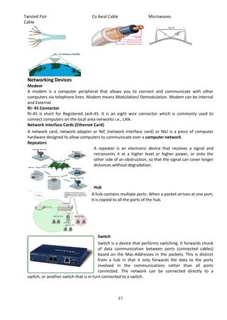 57
Twisted Pair
Cable
Co Axial Cable Microwaves
Networking Devices
Modem
A modem is a computer peripheral that allows you to connect and communicate with other
computers via telephone lines. Modem means Modulation/ Demodulation. Modem can be Internal
and External.
RJ- 45 Connector
RJ-45 is short for Registered Jack-45. It is an eight wire connector which is commonly used to
connect computers on the local area networks i.e., LAN.
Network Interface Cards (Ethernet Card)
A network card, network adapter or NIC (network interface card) or NIU is a piece of computer
hardware designed to allow computers to communicate over a computer network.
Repeaters
A repeater is an electronic device that receives a signal and
retransmits it at a higher level or higher power, or onto the
other side of an obstruction, so that the signal can cover longer
distances without degradation.
Hub
A hub contains multiple ports. When a packet arrives at one port,
it is copied to all the ports of the hub.
Switch
Switch is a device that performs switching. It forwards chunk
of data communication between ports (connected cables)
based on the Mac-Addresses in the packets. This is distinct
from a hub in that it only forwards the data to the ports
involved in the communications rather than all ports
connected. The network can be connected directly to a
switch, or another switch that is in turn connected to a switch.
 