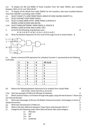 82
(iii) To display the NO and NAME of those travellers from the table TRAVEL who travelled
between ‘2015-12-31’ and ‘2015-04-01’.
(iv) To display all the details from table TRAVEL for the travellers, who have travelled distance
more than 100 KM in ascending order of NOP.
(v) SELECT COUNT (*), CODE FROM TRAVEL GROUP BY CODE HAVING COUNT(*)>1;
(vi) SELECT DISTINCT CODE FROM TRAVEL;
(vii) SELECT A.CODE,NAME,VTYPE FROM TRAVEL A,VEHICLE B
WHERE A.CODE=B.CODE AND KM<90;
(viii) SELECT NAME,KM*PERKM FROM TRAVEL A, VEHICLE B
WHERE A.CODE=B.CODE AND A.CODE=‘105’;
4. (a) Verify the following using Boolean Laws : 2
A’+ B’.C=A’.B’.C’+ A’.B.C’+ A’.B.C + A’.B’.C+ A.B’.C
(b) Write the Boolean Expression for the result of the Logic Circuit as shown below : 2
(c) Derive a Canonical POS expression for a Boolean function F, represented by the following
truth table : 1
P Q R F(P, Q, R)
0 0 0 0
0 0 1 1
0 1 0 1
0 1 1 0
1 0 0 0
1 0 1 0
1 1 0 1
1 1 1 1
(d) Reduce the following Boolean Expression to its simplest form using K-Map : 3
F(X,Y,Z,W) = Σ(2,6,7,8,9,10,11,13,14,15)
5.(a) Give two examples of PAN and LAN type of networks. 1
(e) Which protocol helps us to browse through web pages using internet browsers ? Name any
one internet browser. 1
(f) Write two advantages of 4G over 3G Mobile Telecommunication Technologies in terms of
speed and services. 1
(g) Write two characteristics of Web 2.0. 1
(h) What is the basic difference between Trojan Horse and Computer Worm ? 1
(i) Categorise the following under Client Side and Server Side script category : 1
(i) VB Script
(ii) ASP
(iii) JSP
(iv) JavaScript
U
V
W
F
 