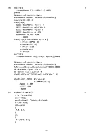 86
(b) Loc(T[I][J])
=BaseAddress + W [( I – LBR)*C + (J – LBC)]
(where
W=size of each element = 4 bytes,
R=Number of Rows=20, C=Number of Columns=50)
Assuming LBR = LBC = 0
LOC(T[10][8])
52000 = BaseAddress + W[ I*C + J]
52000 = BaseAddress + 4[10*50 + 8]
52000 = BaseAddress + 4[500 + 8]
52000 = BaseAddress + 4 x 508
BaseAddress = 52000 - 2032
= 49968
LOC(T[15][5])= BaseAddress + W[ I*C + J]
= 49968 + 4[15*50 + 5]
= 49968 + 4[750 + 5]
= 49968 + 4 x 755
= 49968 + 3020
= 52988 OR
Loc(T[I][J])
=ReferenceAddress + W [( I – LR)*C + (J – LC)] (where
3
W=size of each element = 4 bytes,
R=Number of Rows=20, C=Number of Columns=50)
ReferenceAddress= Address of given cell T[10][8]=52000
LR = Row value of given cell = 10
LC = Column value of given cell = 8
LOC(T[15][5])= LOC(T[10][8]) + 4[(15 - 10)*50 + (5 - 8)]
LOC(T[15][5]) = 52000 + 4[5*50 + (-3)]
= 52000 + 4[250 -3]
= 52000 + 4 x 247
= 52000 + 988
= 52988
(c) void QUEUE::INSERT() { 4
ITEM *T = new ITEM;
cin>>T­>INO;
gets(T->INAME); //OR cin>> T­>INAME;
T­>Link = NULL;
if(R==NULL)
{
F=T; R=T;
}
else
{
R­>Link=T; R=T;
} }
 