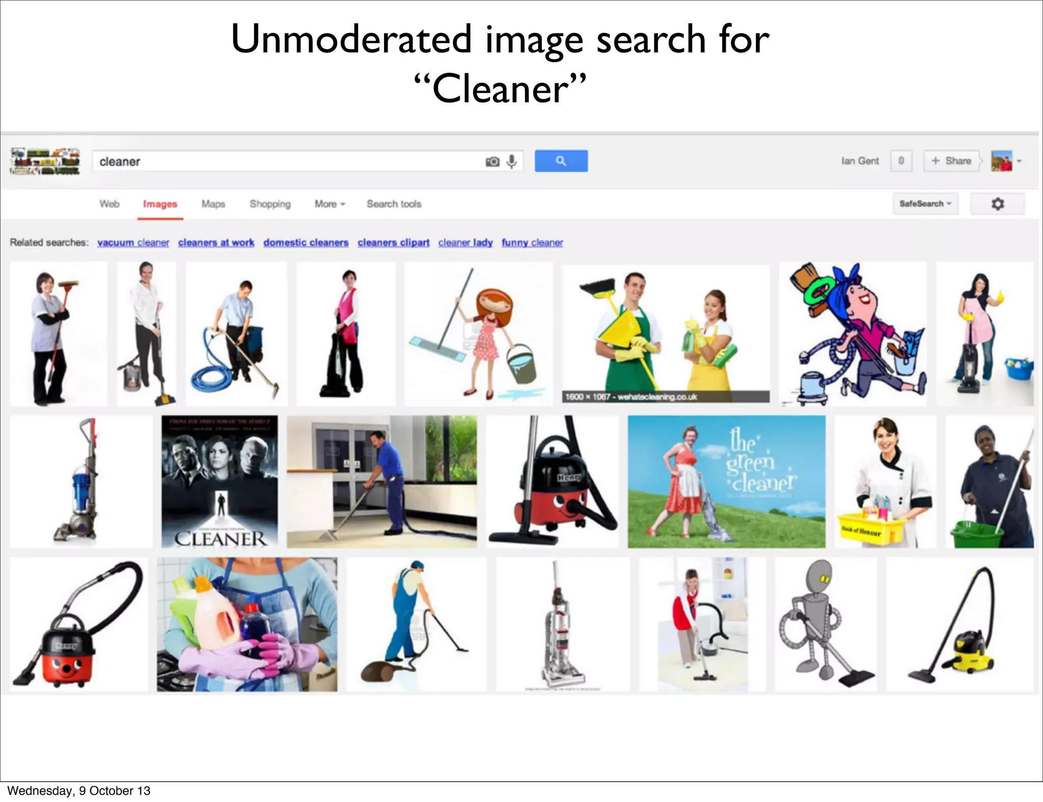Unmoderated image search for
“Cleaner”
Wednesday, 9 October 13
 