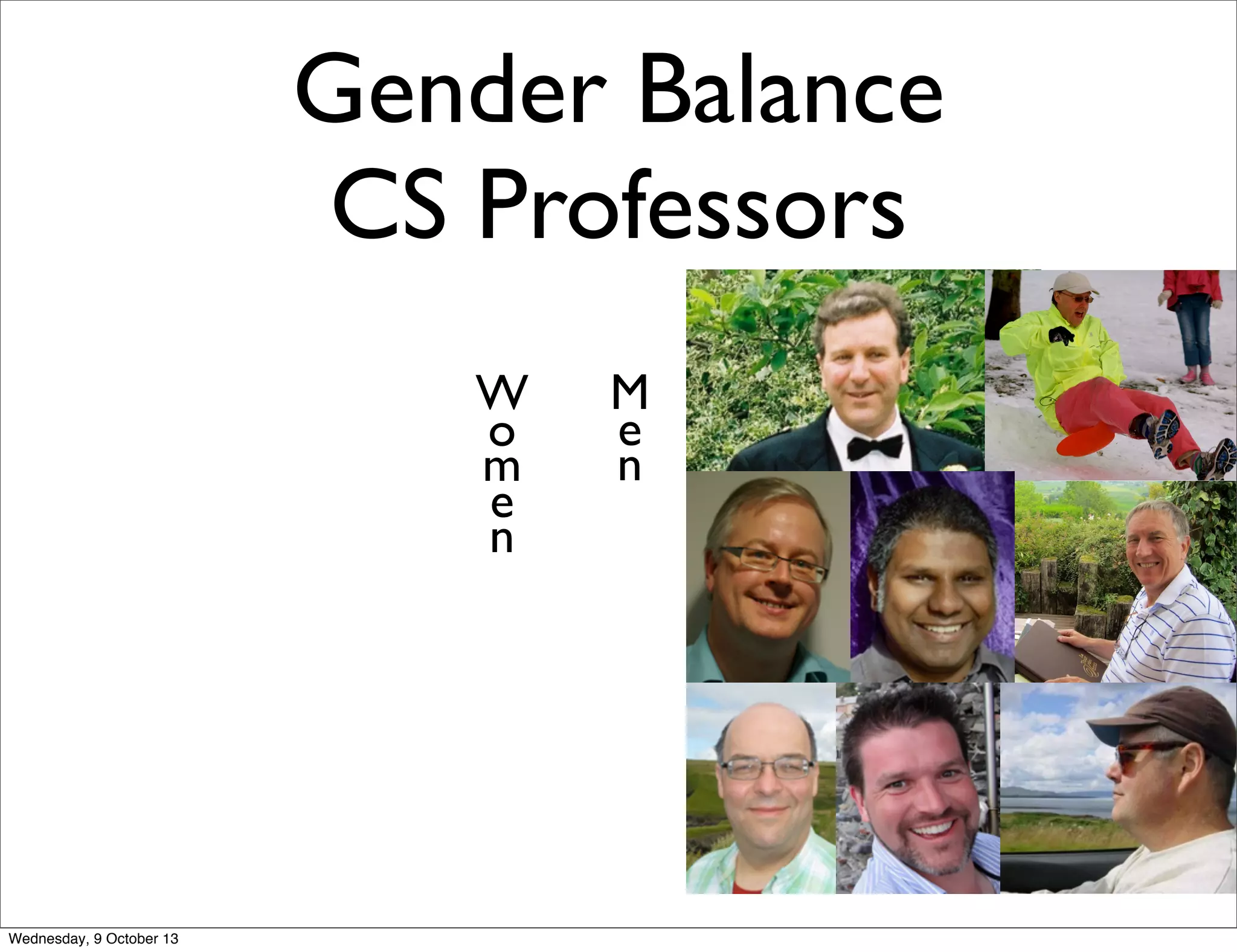Gender Balance
CS Professors
W
o
m
e
n
M
e
n
Wednesday, 9 October 13
 