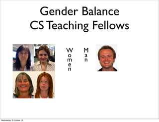 Gender Balance
CS Teaching Fellows
W
o
m
e
n
M
a
n
Wednesday, 9 October 13
 