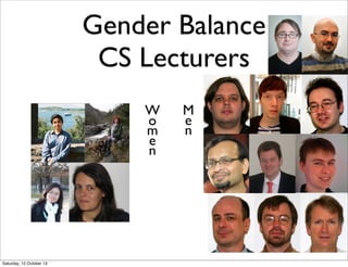 Gender Balance
CS Lecturers
W
o
m
e
n

Saturday, 12 October 13

M
e
n

 