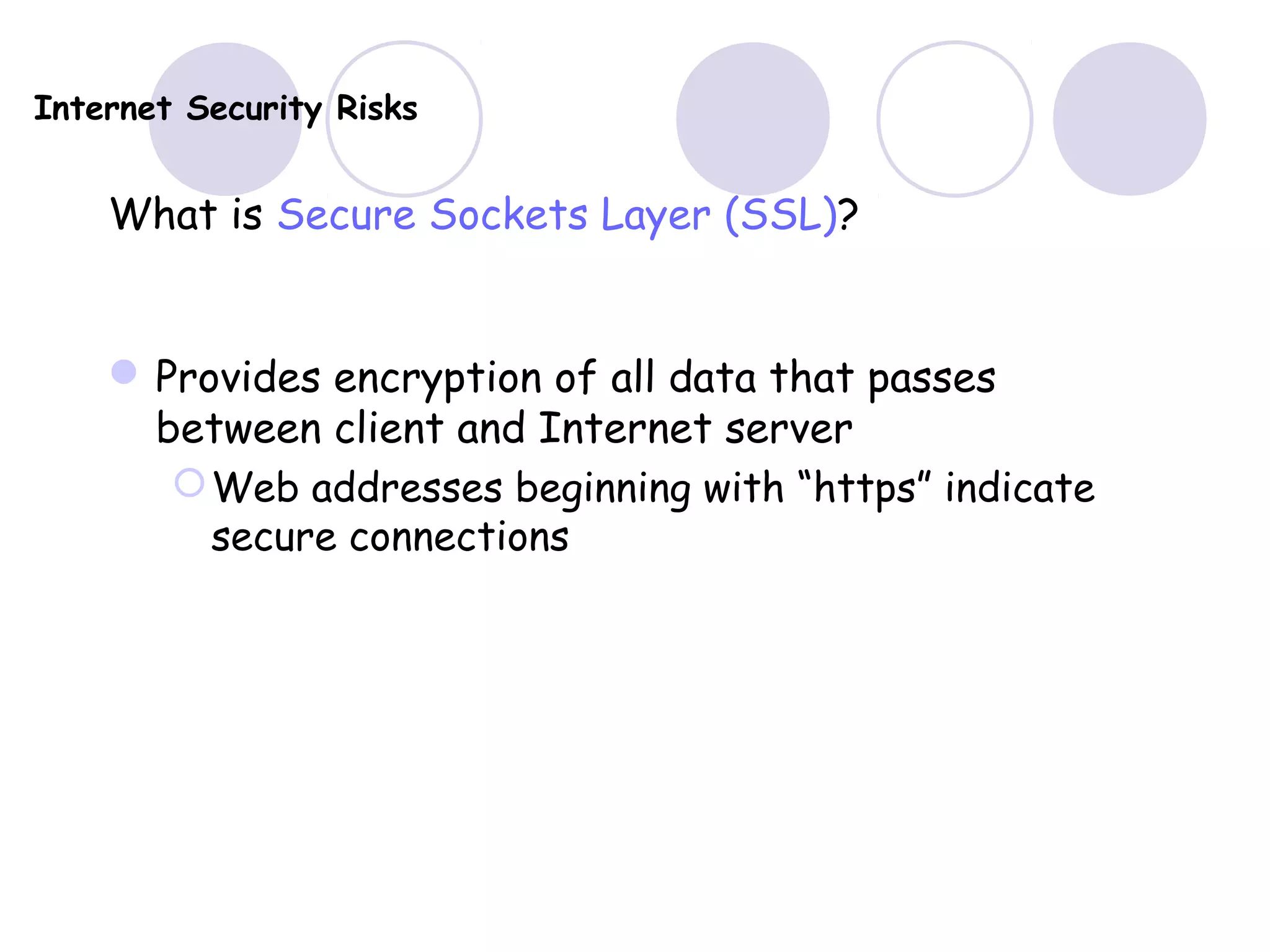 Internet Security Risks
What is Secure Sockets Layer (SSL)?
Provides encryption of all data that passes
between client and Internet server
Web addresses beginning with “https” indicate
secure connections
 